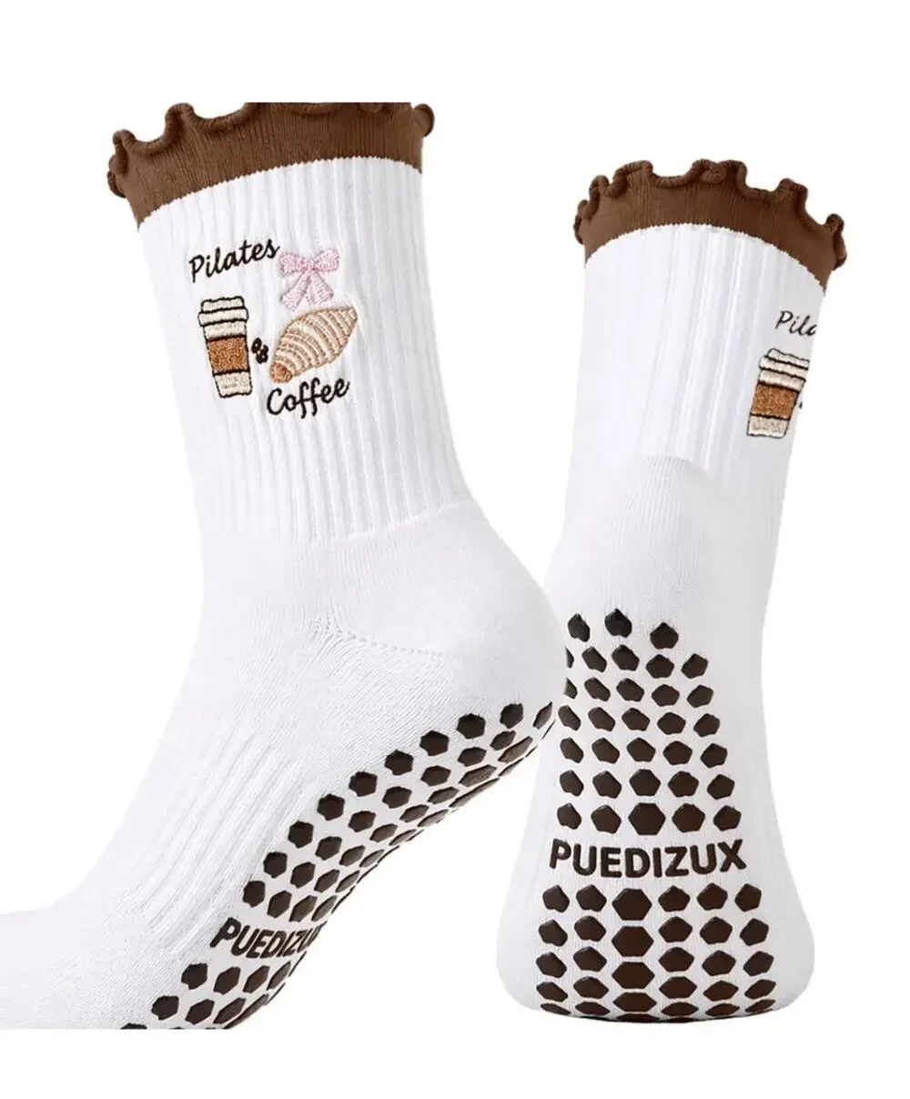 NWT Pilates Socks Grip Yoga Ruffle Cuff Embroidery Pattern 